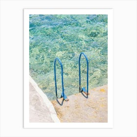 Milos, Greece I The minimalist blue swimming pool of Mediterranean sea like a paradise beach in the Cyclades to vintage pastel summer aesthetic photography of french riviera landscape and its transparent turquoise water Art Print