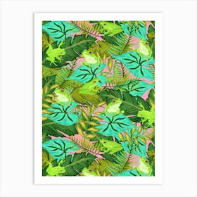 Hiding Tropical Tree Frogs in Green Foliage on Pink Art Print