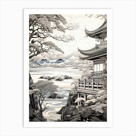 Amanohashidate In Kyoto, Ukiyo E Black And White Line Art Drawing 1 Art Print