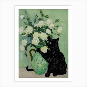 Black Cat Art Print Van Gogh Roses Still Life Funny Art Print