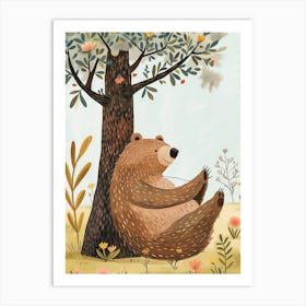 Sloth Bear Scratching Its Back Against A Tree Storybook Illustration 3 Art Print
