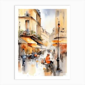 Paris city, passersby, cafes, apricot atmosphere, watercolors.15 Art Print