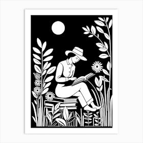 Lino cut Inspired black and white Reading In the Garden Art, Garden Girl Art, Gardening reading, 249 Art Print