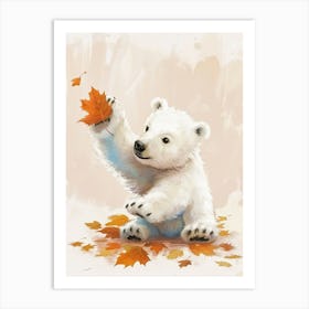 Polar Bear Cub Playing With A Fallen Leaf Storybook Illustration 2 Art Print