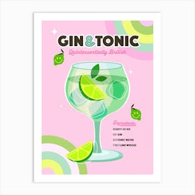 Gin and Tonic Cocktail - Retro Rainbow Pink and lime green Art Print