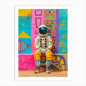 Astronaut Sitting In Front Of Colorful Wall Art Print