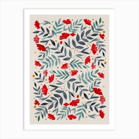 Magical Flowers And Branches Gray And Red Art Print