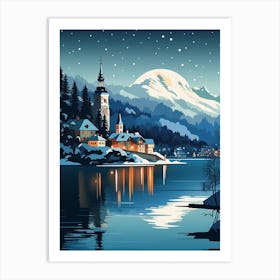 Winter Travel Night Illustration Lake Bled Slovenia Art Print