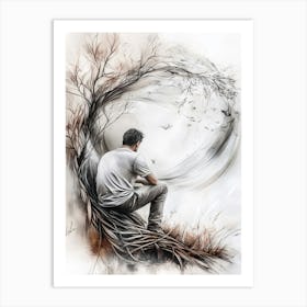 Man Sitting On A Tree Art Print