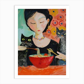 Portrait Of A Girl With Cats Eating Ramen 3 Art Print