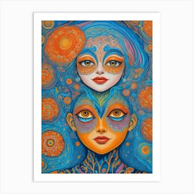 Two Women In Blue And Orange Art Print