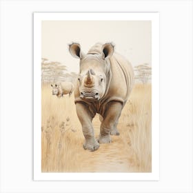 Two Rhinos Detailed Illustration 1 Art Print