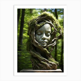 Sculpture Featuring Weathered Furrowed Face Textured With Strands Of Grass Knots Of Wood Nestled Art Print