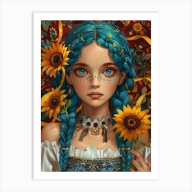 Blue Haired Girl With Sunflowers 1 Art Print