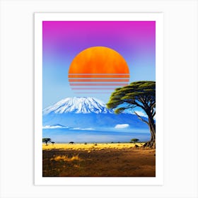 Synthwave sunset & mountain. Africa, Kilimanjaro — synthwave collage, space poster Art Print