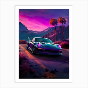 Synthwave aesthetic sport car with palms [synthwave/vaporwave/cyberpunk] — aesthetic poster, retrowave poster, vaporwave poster, neon poster 1 Art Print