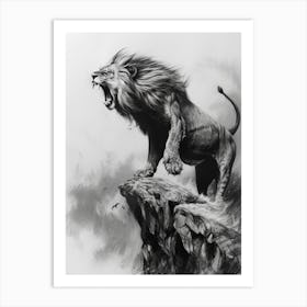 African Lion Charcoal Drawing Roaring On A Cliff 3 Art Print