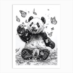 Giant Panda Cub Playing With Butterflies Ink Illustration 2 Art Print