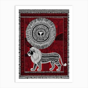 African Quilting Inspired Art of Lion Folk Art, Poetic Red, Black and white Art, 1227 Art Print