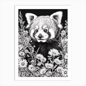 Red Panda Cub In A Field Of Flowers Ink Illustration 3 Art Print