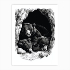 Malayan Sun Bear Family Sleeping In A Cave Ink Illustration 4 Art Print