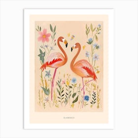 Folksy Floral Animal Drawing Flamingo Poster Art Print