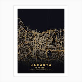 Jakarta Indonesia Black And Gold Map Art Print