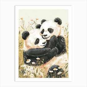 Giant Panda Two Bears Playing Together In A Meadow Storybook Illustration 1 Art Print