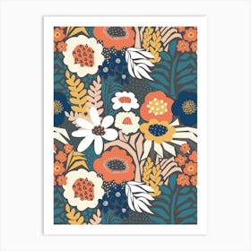 Paper Cut And Doodle Floral Collage White Orange Blue Grey Art Print