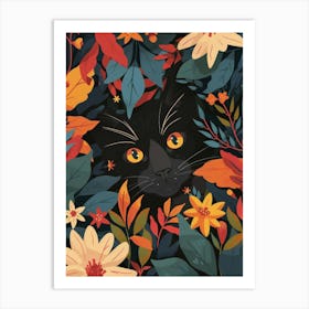 Black Cat In Autumn Leaves Art Print