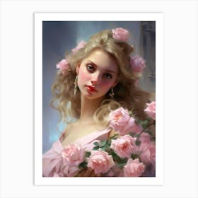 Beautiful Girl With Pink Roses Art Print