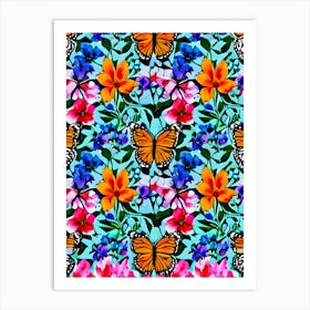 Butterflies On Blue Fabric Art Print