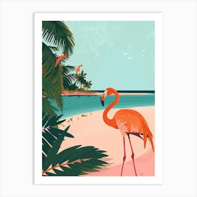 Greater Flamingo Pink Sand Beach Bahamas Tropical Illustration 3 Art Print