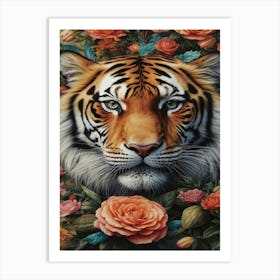 Tiger With Roses Art Print