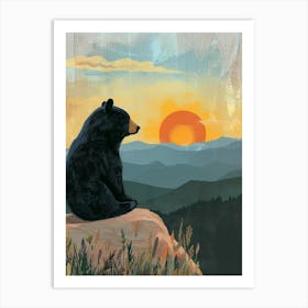 American Black Bear Looking At A Sunset From A Mountain Storybook Illustration 3 Art Print