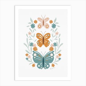 Butterflies And Flowers in teal & yellow Art Print