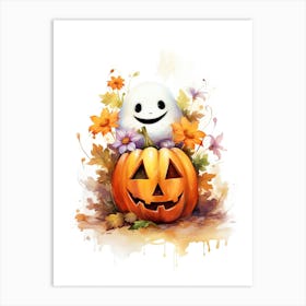 Cute Ghost With Pumpkins Halloween Watercolour 51 Art Print