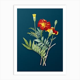 Vintage Mexican Marigold Botanical Art on Teal Blue n.0577 Art Print