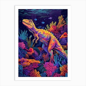 Neon Underwater Dinosaur With Coral Art Print