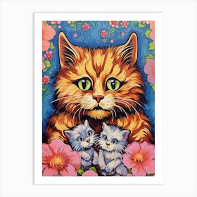 Louis Wain, Surreal Cat With Kittens And Flowers 2 Art Print
