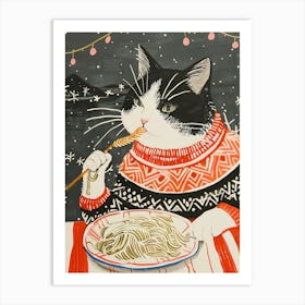 Black And White Cat Eating Pizza Folk Illustration 5 Art Print