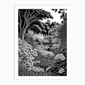 Claude Monet’S Garden, France Linocut Black And White Vintage Art Print