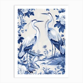 William Morris Style Heron Stalk Blue White Art Print