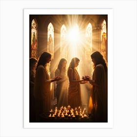 Candlelight Vigil During Spiritual Celebration Rays Of Soft Golden Light Breaking Through Stained G (2) Art Print