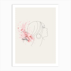Portrait Of A Woman With Flowers line art pink Art Print