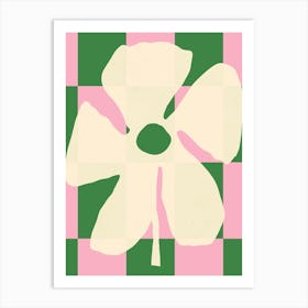 Flower with retro vibes on pink and green check pattern background Art Print