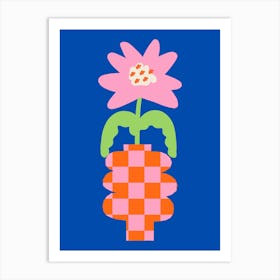 Checkered Flower Vase On A Blue Background Art Print