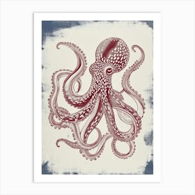 Retro Red Navy Octopus Linocut Style 2 Art Print