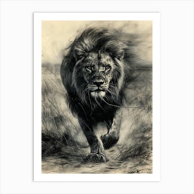 African Lion Charcoal Drawing Hunting 2 Art Print