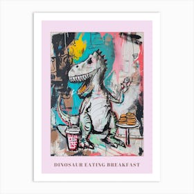Abstract Dinosaur Eating Breakfast In A Cafe Pink Blue Purple 2 Poster Art Print